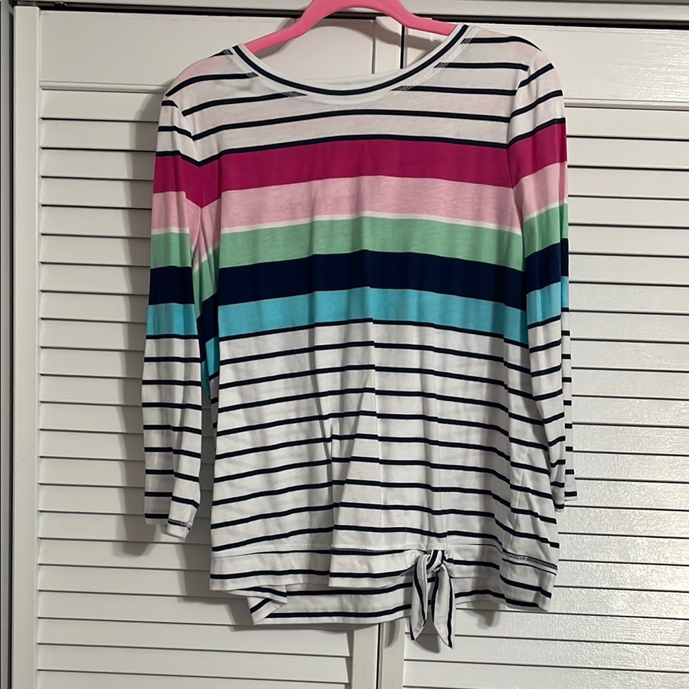 Kim Rogers White and Blue 3/4 Sleeve Tie Front Tee